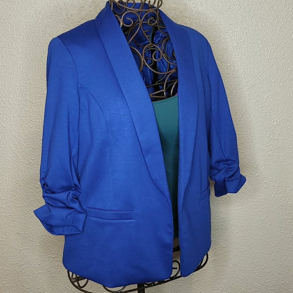 Chapter One Blue 3/4 Ruched Sleeve Open Front Blazer